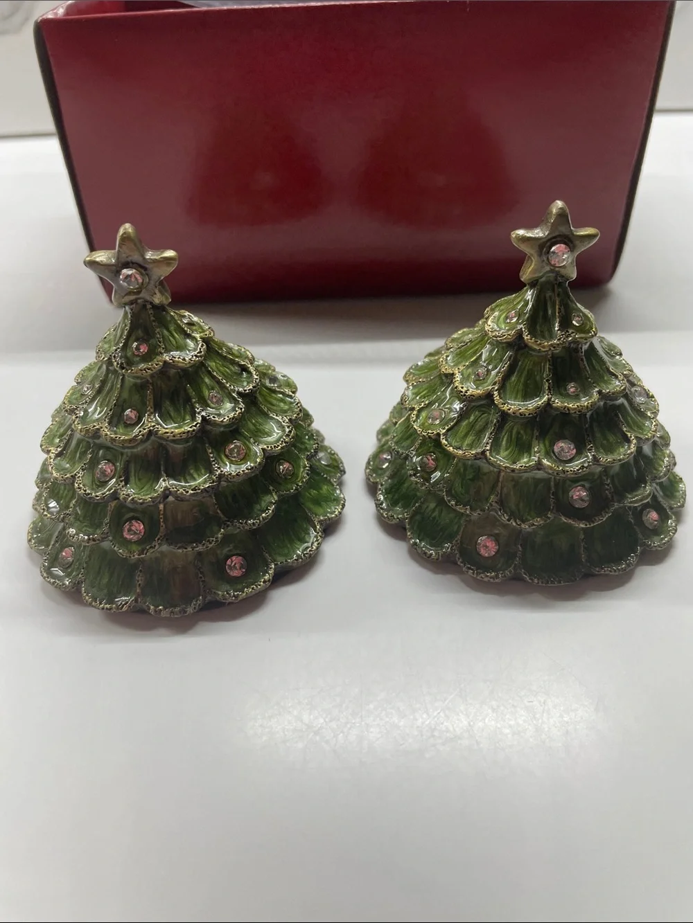 The Bombay Company Vintage Set of 2 XmasTree Metal Enamel & Rhinestone Tealites